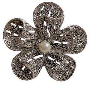 Large Silver Toned Textured Flower with Pearl Center Adjustable Statement Ring